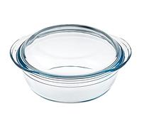 Tradineur Casserole ronde en verre borosilicate avec couvercle, moule, plat à lasagne, passe au micro-ondes, rôti, cuisson au four - 3 litres - 26,5 x 23 x 11,2 cm