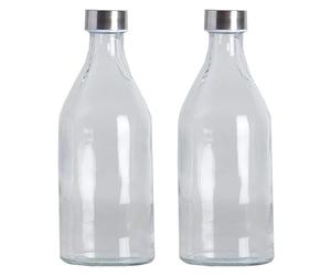 Tradineur Lot de 2 bouteilles en verre avec bouchon en acier, eau froide ou chaude, boissons, thé glacé, limonade, réfrigérateur, camping, 25,5 x 9,5 cm
