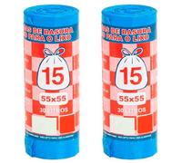 Tradineur Lot de 2 rouleaux de 15 sacs poubelle en plastique recyclé, résistants et anti-fuites, écologiques, recyclables, adaptés pour poubelles (bleu, 30 litres, 55 x 55 cm, total 30 pièces)