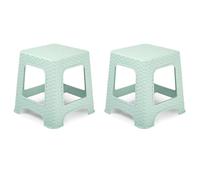 Tradineur Lot de 2 tabourets de bar en plastique rotin imitation osier pour cuisine, salon, fabriqué en Espagne Vert pastel 33 x 32,5 x 32,5 cm
