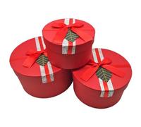Tradineur Lot de 3 boîtes cadeaux rondes avec ruban, 3 tailles différentes, boîtes décoratives avec couvercle, présentation, anniversaire, Noël (rouge - 19,5 cm, 16,5 cm et 13,5 cm)
