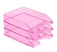 Tradineur Lot de 3 plateaux de bureau empilables, plastique transparent, organiseur de documents A4, magazines, brochures, bureau, fabriqué en Espagne (Fuchsia - 35 x 25,5 x 6,5 cm)