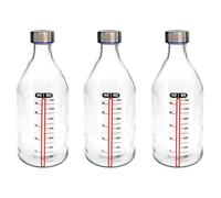 Tradineur - Pack de 3 bouteilles doseuses en verre avec bouchon en acier, ligne de mesure et fermeture à vis, pour eau, lait, smoothies, jus, extraits de légumes, sauces, réfrigérateur - 1 litre