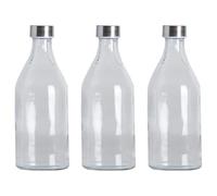 Tradineur - Pack de 3 Bouteilles en Verre de 1 litre, bouchon en Acier, Eau froide ou Chaude, Boissons, thé Glacé, Limonade, Réfrigérateur - 25,5 x 9,5 cm