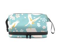 Tradition Japonaise Grues Volantes et Cerise Double Couche Trousse Cosmétique pour Femmes et Filles Voyage Trousse de Toilette Maquillage Pratique Pochette Organisateur Sac avec Compartiment Brosse,