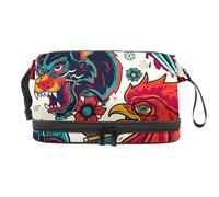Tradition Rooaster Lion Snake Head Trousse de toilette double couche pour femme et fille Trousse de toilette de voyage Trousse de maquillage pratique Pochette organisateur avec compartiment à brosse,