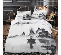 Traditional Boat Parure de Lit Microfibre Hypoallergique 3D Effet 3 Pièces 2 Taies Ultra Douce Chinese Ink Peinture Linge de Lit Confortable Entretien Facile for les Enfants Single（135x200cm）