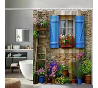 Traditionnel Architecture Rideau de Douche 150x180 cm, Imperméable Volets Maison, Terre, Lavable en Tissu Polyester, avec 12 œillets et Anneaux de Rideaux Salle de Bain, pour Salle