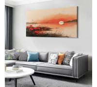 Traditionnel Chinois Tableau Décoratif Encadré 140x70 cm, Rouge Floral Lac Coucher de soleil Toile Imprimée Design pour Salon Bureau, Couleurs Éclatantes, Idée Cadeau, Tableau sur Toile Prêt à Poser