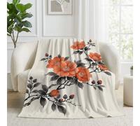 Traditionnel Fleurs Orange Rouges Couverture Douce Flanelle Polaire | Chinois Lavis Encre Fleurs Oiseaux Couverture Lit Chaud en Hiver Couvertures Convient 150 x 200 cm Adultes et Enfants