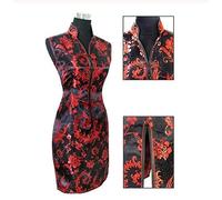 Traditionnelle Chinoise Dame Soie Cheongsam Qipao Prom Club Robe Totem Fleur Comfortable (Color : Black Red, Size : XL.)