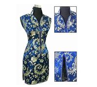 Traditionnelle Chinoise Dame Soie Cheongsam Qipao Prom Club Robe Totem Fleur Comfortable (Color : Navy Blue, Size : XL.)