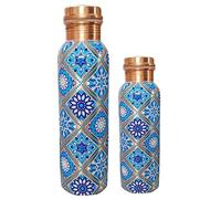TRAFAART Gourde En Cuivre Grand Et Petit Modèle Gravure Colorée Style Ayurvédique Étanche Idéale Pour Le Sport Et Le Yoga.