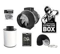 TRAFIKA Kit d'extraction air 125mm 250m³/h - Extracteur, Filtre Charbon, Gaine Flexible, Colliers - Ventilation Anti-Odeur pour Box de Culture intérieure, Tente ou Serre de Jardin