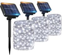TRAHOO-3 Pack Solar String Lights Outdoor, Cool White Total 100FT 300LED Solar Powered Fairy Lights Waterproof, 8 Modes Christmas Lights for Christmas Garden Tree Wedding Patio Decor