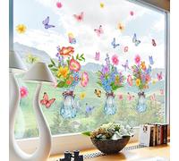 Trahoo-Autocollants Fenêtre Fleurs En Vase Printemps Été Anti-Collision Stickers Fleurs Plante Feuilles Papillon Stickers Vitre Anti-Adhésifs Fenêtres De La Maison Du Salon Du Balcon De L'intérieur