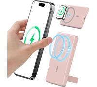 Trahoo-Batterie Externe Magn¿¿Tique 5000mah, Chargeur Portable ¿¿ Chargement Rapide Sans Fil, Power Bank Slim Avec Support Pliable, Mini Pack De Batterie Compatible Avec Iphone 14/15/16 (Rose)