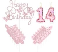 Trahoo-Bougies D'anniversaire En Forme De Papillon Pour 14e Anniversaire, Chiffre 14 Rose Pour Gâteau, Décorations De Cupcakes Roses Pour Filles, Décorations De 14e Anniversaire De Filles