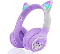 TRAHOO-Casque Audio Enfant Bluetooth, 85 DB Casque sans Fil pour Enfant, Pliable Supra-Auriculaires Écouteurs sans Fil et Filaire avec LED Oreille de Chat et Micro pour Fille/Tablette/PC-Violet