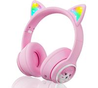 TRAHOO-Casque Audio Enfant Bluetooth, 85dB Casque sans Fil pour Enfant, Pliable Supra-Auriculaires Écouteurs sans Fil et Filaire avec LED Oreille de Chat et Micro pour Fille/Garçon/Tablette/PC-Rose
