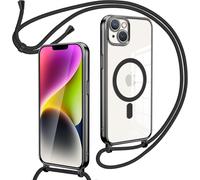 TRAHOO-Collier Coque avec Cordon pour iPhone 14 Plus, Transparent Réglable Étui Chain Chaine Housse de Souple Silicone Antichoc Etui Bandouliere Laniere pour iPhone 14 Plus - Noir