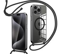 TRAHOO-Collier Coque avec Cordon pour iPhone 15 Pro Max, Transparent Réglable Étui Chain Chaine Housse de Souple Silicone Antichoc Etui Bandouliere Laniere pour iPhone 15 Pro Max - Noir