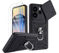 Trahoo-Coque Anneau Pour Xiaomi Redmi Note 14 5g (Pas Pour 4g) Avec Lentille Coulissante Couverture, Étui Support 360° Rotatif Militaire Armor Antichoc Anti-Rayures Avec 2 Pièces Verre Trempé, Noir