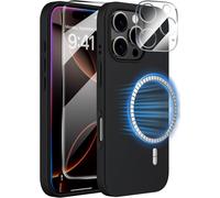 TRAHOO-Coque Magnétique pour iPhone 16 Pro Max SiliconeCompatible avec MagSafeHousse avec Verre trempé e Protection CameraUltra Fine Antichoc Protection étui pour iPhone 16 ProMax CaseNoir