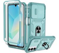 TRAHOO-Coque Samsung A16 Antichoc¿avec 2*Verre Trempé+Full Protection Caméra Coulissante¿ Support 360° Rotatif Militaire PC Dur Renforcée Armor Bumper Housse Etui,pour Samsung Galaxy A16 5G/4G,Vert