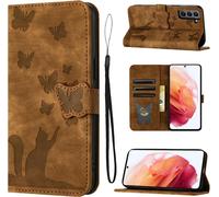 Trahoo-Coque Samsung Galaxy S21 Mat¿¿Riau En Cuir Pu De Qualit¿¿ Sup¿¿Rieure Coque Samsung S21 Avec Fentes Pour Cartes Motif Papillon Chat Coque Samsung S21 5g Brun