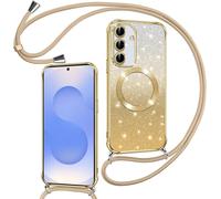 TRAHOO-Couqe Magnétique pour Samsung Galaxy S25 5G Con Cordon, Compatible avec MagSafe, Brillant Glitter Pailleté Antichoc Durable Résistante Etui Housse pour Samsung S25 Bumper, Or