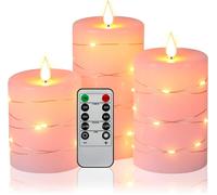 Trahoo-Flameless Candles 360 Degree Viewing Angle, With Starry String Lights, 3-Pack Fairy String Lights Led Candles, With 10-Key Remote Control, 24-Hour Timer Function, Dancing Flame, Real Wax(Rose)