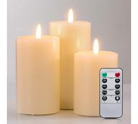 TRAHOO-Flameless Candles Set of 3, Realistic Real Wax Top Flat 3D Wick Ivory Pillar Candles Set with Remote, Size D: 3'' x H: 4'' 5'' 6'', 2H 4H 6H 8H Timer, Flicker, Dimmer, Run by 2 AA Battery