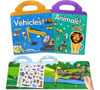 Trahoo-Gommettes Enfants 2 3 4 Ans 2 Pcs Livre Autocollant Animaux Et Voiture Véhicule, Reutilisable Activite Enfant Autocollant Avec Pliable Panorama Et Pvc Statiques Illustré Stickers, Idees Cadeau