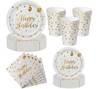 TRAHOO-Kit Vaisselle Jetable Anniversaire 50 Pièces Blanc Or - 10 Assiettes Plates, 10 Assiettes Dessert, 10 Gobelets, 20 Ser[J62]