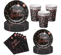 TRAHOO-Kit Vaisselle Jetable Anniversaire 50 Pièces Noir et Rose Gold - 10 Assiettes Plates, 10 Assiettes Dessert, 10 Gobelet[J65]