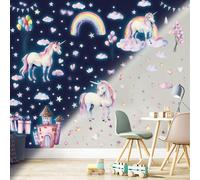 Trahoo-Licorne Etoiles Phosphorescentes Plafond Licorne Château Etoiles Fluorescente Lumineuse Arc En Ciel Autocollants Stickers Muraux Décoration Pour Bébé Enfants Fille Chambre Bleu