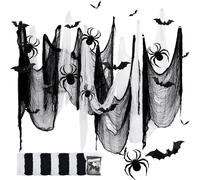 TRAHOO-Lot de 8 Tissu Effrayant d'halloween, Gaze Effrayante 183 * 76CM, avec 12 Chauve-Souris et 28 Araignée, pour Jardin, Escalier, Plafond, Fenêtres, Maison Hantée(4 Noirs + 4 Blancs)