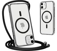 TRAHOO-Magnétique Coque pour iPhone 12 Mini avec Cordon de Collier 5,4"", Étui Compatible avec MagSafe, Ultra Mince Translucide Mat Silicone Antichoc Housse avec Réglable Lanyard Necklace Case, Noir