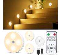 TRAHOO-Rechargeable Puck Lights with Remote, 1500mAh Motion Sensor Night Light, 3 Color Temps & Dimmable Under Cabinet Lighting, Wireless Stick on Lights for Closet, Stairs, Counter, Kitchen, 4 Pack