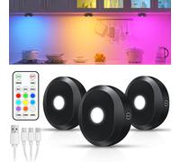 TRAHOO-Rechargeable Puck Lights with Remote Control, RGB Under Cabinet Lighting Wireless, 1200mAh Battery LED Tap Light,Timer Function Stick On Lights for Closet, Shelf, Counter,Kitchen Cabinet,3 Pac
