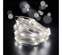 TRAHOO-Set of 4 Battery Operated Mini Led Fairy Light Dewdrop Lights with Timer 6 Hours on/18 Hours Off for Christmas Party Decorations,30 LEDs,10 Feet Silver Wire (Cold White)