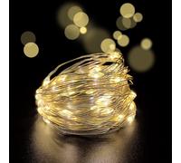 TRAHOO-Set of 4 Battery Operated Mini Led Fairy Light Dewdrop Lights with Timer 6 Hours on/18 Hours Off for Christmas Party Decorations,30 LEDs,10 Feet Silver Wire (Warm White with Waterproof Battery