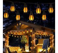 TRAHOO-Solar String Lights for Outside, 33Ft Solar Patio Lights with 15 Flickering Flame Light Bulbs, Waterproof Warm White Solar Powered Outdoor Lights for Garden Yard Patio Gazebo Bistro Cafe Party