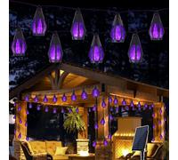 TRAHOO-Solar String Lights for Outside, 33Ft Solar Patio Lights with 15 Flickering Flame Light Bulbs, Waterproof Purple Solar Powered Outdoor Lights for Garden Yard Patio Gazebo Bistro Cafe Porch Par