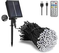 TRAHOO-Solar String Lights Outdoor - 65Ft/20m 200 LED Solar Powered String Lights, USB Charging, Remote, 8 Modes Waterproof Lights for Garden, Yard, Tree, Christmas Decor - Cool White