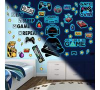 Trahoo-Stickers Muraux Enfant Gaming Lumineux Autocollant Muraux Lumineux Jeux Video Amovible Autocollant Pour Gamer Enfant Garçons Chambres Game Zone Décoration Bleu