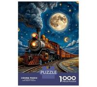 Train 1000 Pièces Papier Résistant Train à Vapeur Moonlit Night Railway Track Puzzle Adultes Puzzle Portable Soirée Jeux en Famille Stimulant Et Amusant Facile Ranger 38x26cm/1000pcs