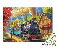 Train à Vapeur 1000 pièces Puzzle Cadeau pour Adultes, Train à Vapeur dans Un Village d'automne avec Arbres colorés, épais Robuste Haute qualité Difficile Anti-Stress 52x38cm/1000pcs
