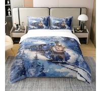 Train de Neige d'hiver Coton Housse de Couette 200x200,Bois Exotique Bleu Parure de Lit,Thème de Fée Couvre Lit,Adulte Adolescent Train Rail Literie Set